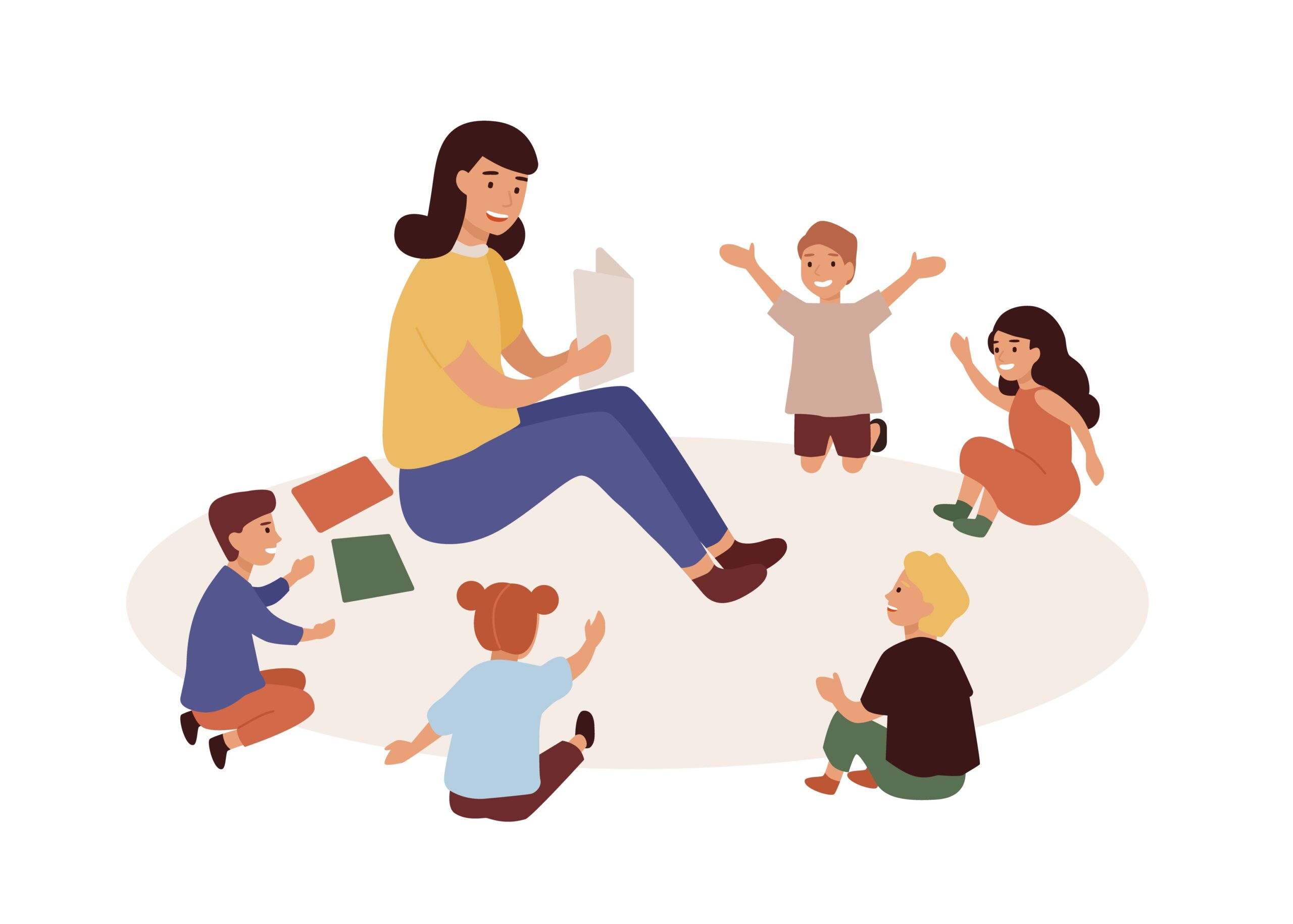 Smiling kindergarten teacher and kids flat vector illustration. Woman tutor and preschoolers reading in nursery. Babysitter and children cartoon characters. Primary education, preschool development.
